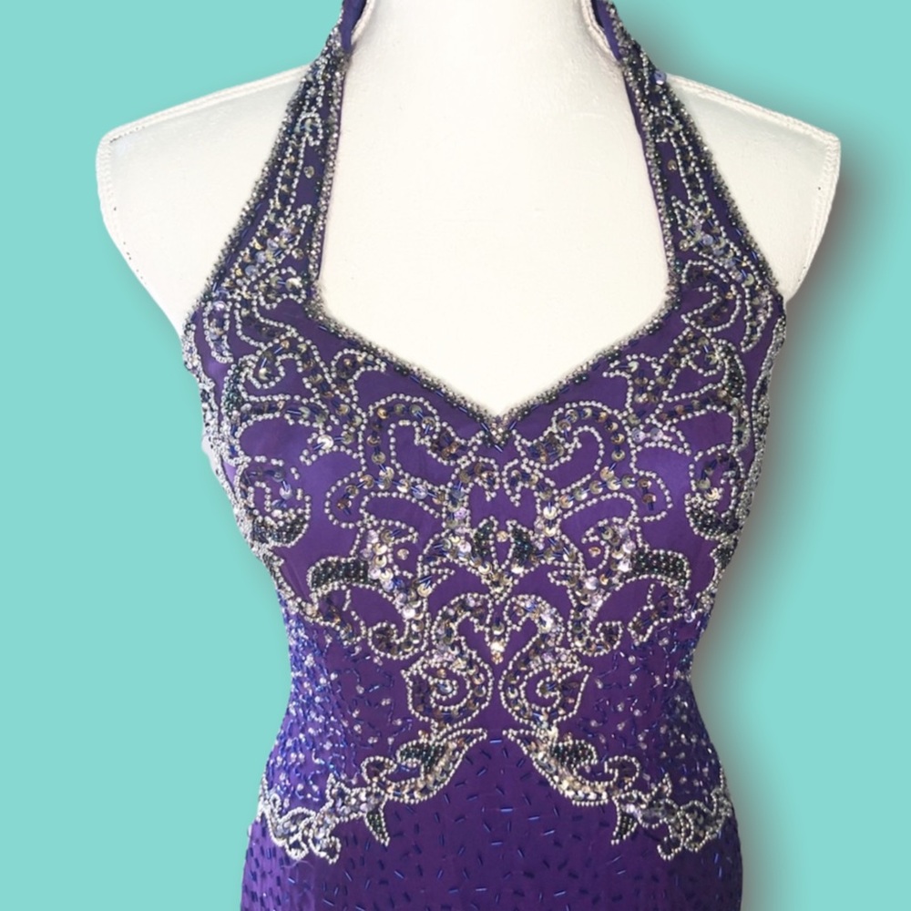 Vintage purple beaded halter dress full length beautiful sequin Silk Dress 12